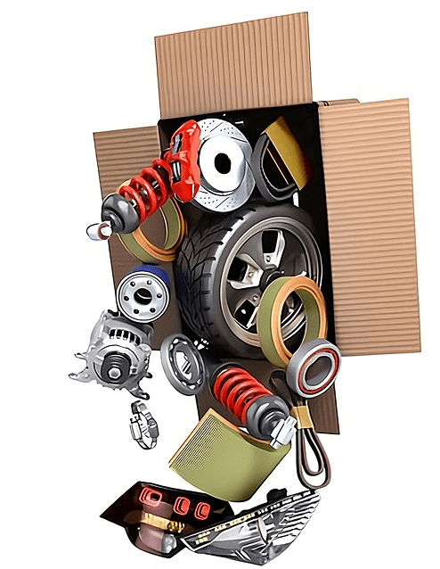 Auto parts shipped from Japan in an open box